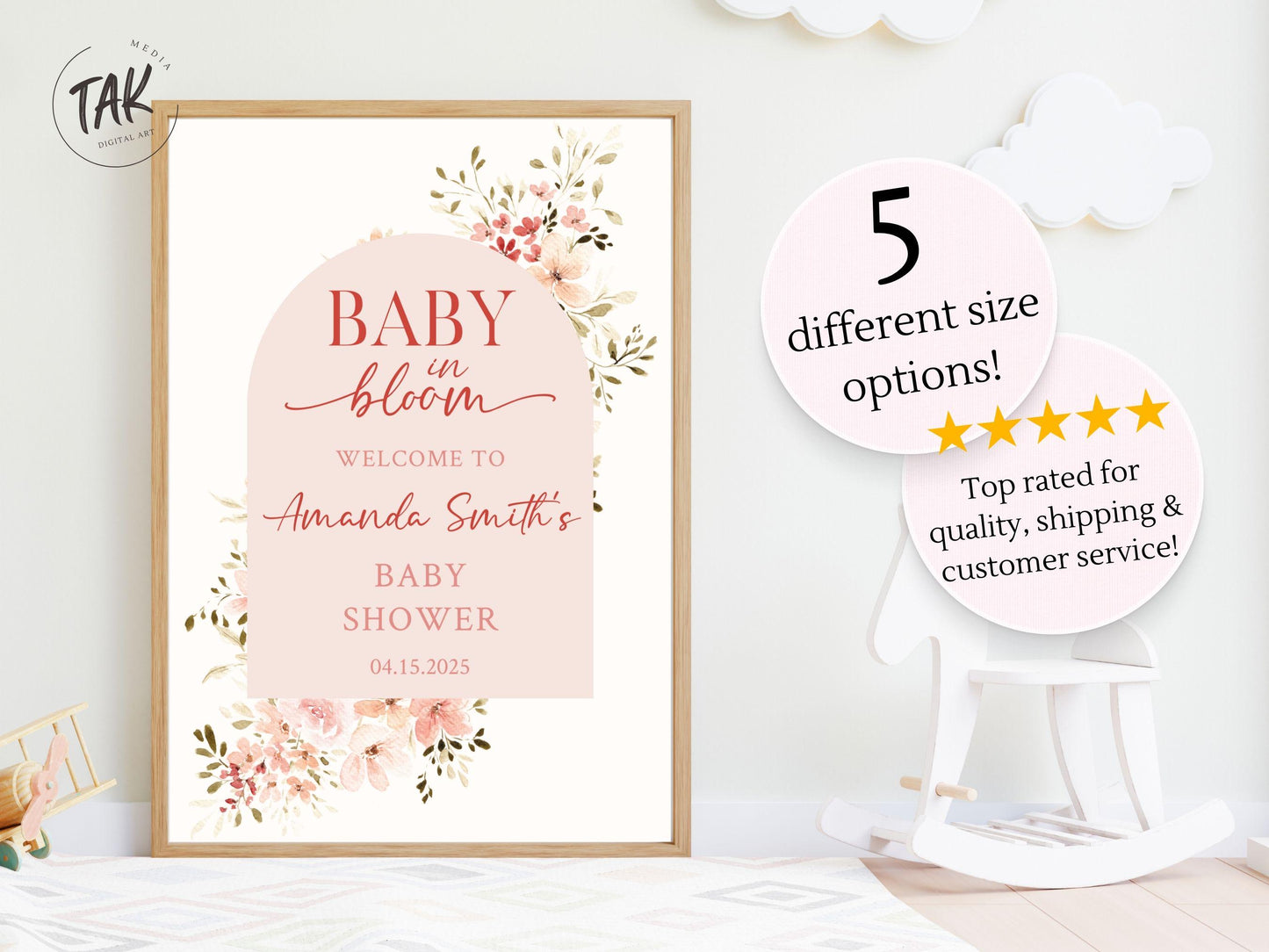 Baby in Bloom Baby Shower Sign – Custom Acrylic or Foam Board Sign, Floral Theme Welcome Sign, Personalized Baby Shower Decor, Custom Decor