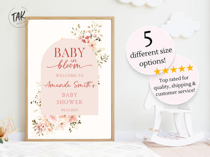Baby in Bloom Baby Shower Sign – Custom Acrylic or Foam Board Sign, Floral Theme Welcome Sign, Personalized Baby Shower Decor, Custom Decor