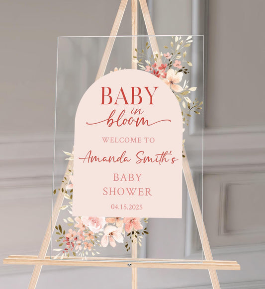 Baby in Bloom Baby Shower Sign – Custom Acrylic or Foam Board Sign, Floral Theme Welcome Sign, Personalized Baby Shower Decor, Custom Decor