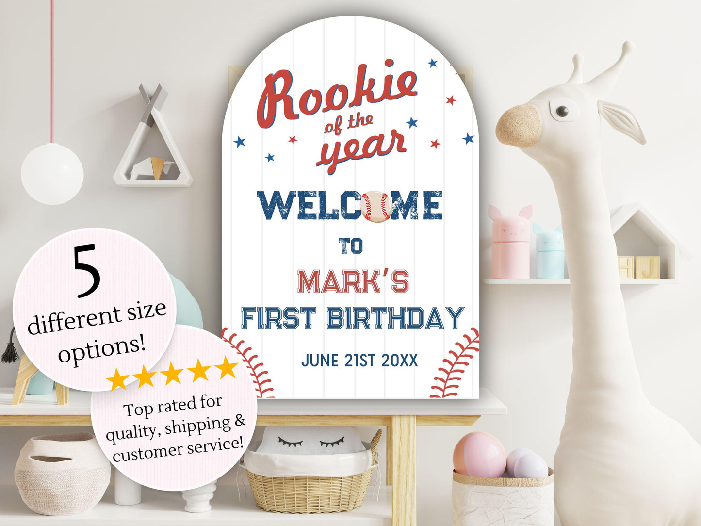 Printed Arch Baseball Rookie of the Year 1st Birthday Welcome Sign, Custom Foam Board Birthday Decor, Boy First Birthday Sports Theme Custom