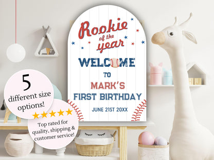 Printed Arch Baseball Rookie of the Year 1st Birthday Welcome Sign, Custom Foam Board Birthday Decor, Boy First Birthday Sports Theme Custom