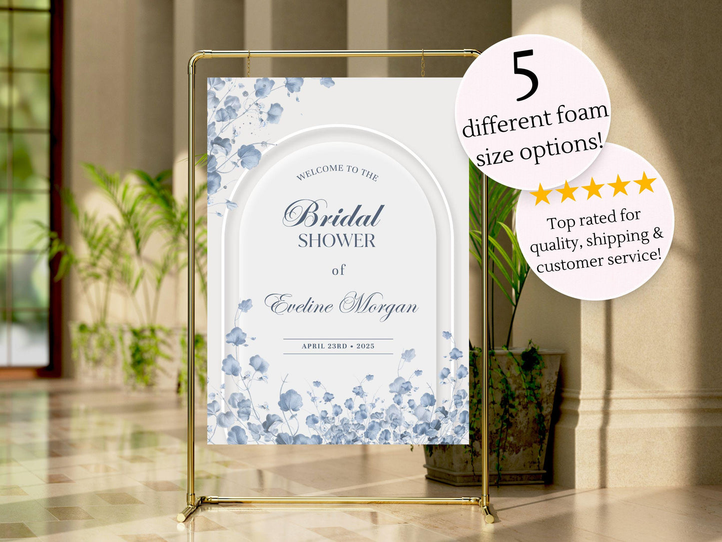 Printed Elegant Blue Floral Bridal Shower Sign, Custom Foam Board Welcome Poster, Personalized Bridal Decor, Foam Board Wedding Shower Sign