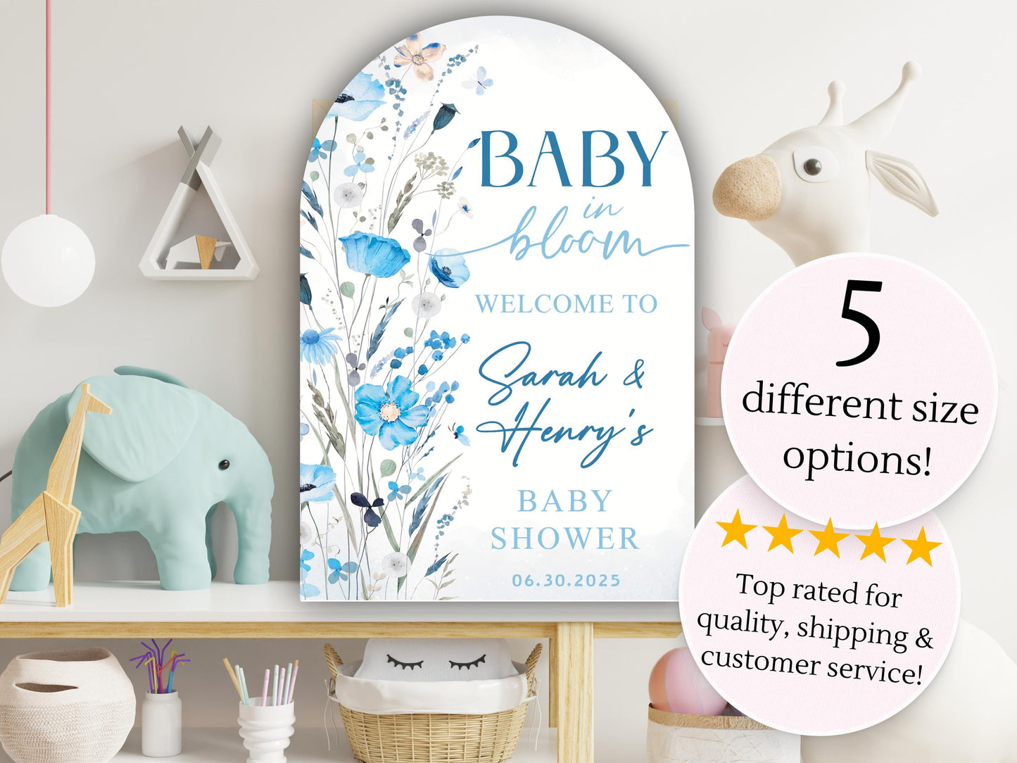 Printed Arch Baby in Bloom Baby Shower Boy Welcome Sign, Floral Shower Welcome, Custom Printed Baby Boy Blue Custom Foam Board Party Welcome