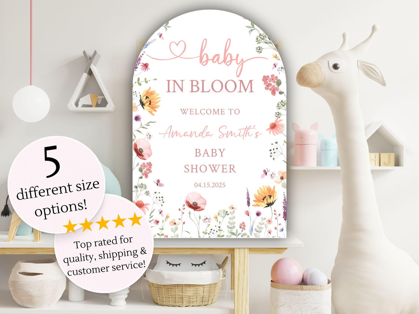 Printed Arch Baby in Bloom Baby Shower Welcome Sign, Floral Shower Welcome, Custom Printed Gender Neutral Custom Foam Board Party Welcome