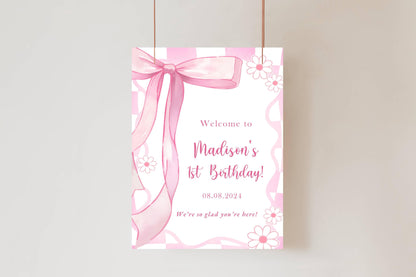Printed Pink Ribbon 1st Birthday Foam Board Welcome Sign, Girl Party Foam Board, Floral Bow Theme, Personalized Name Poster Birthday Decor