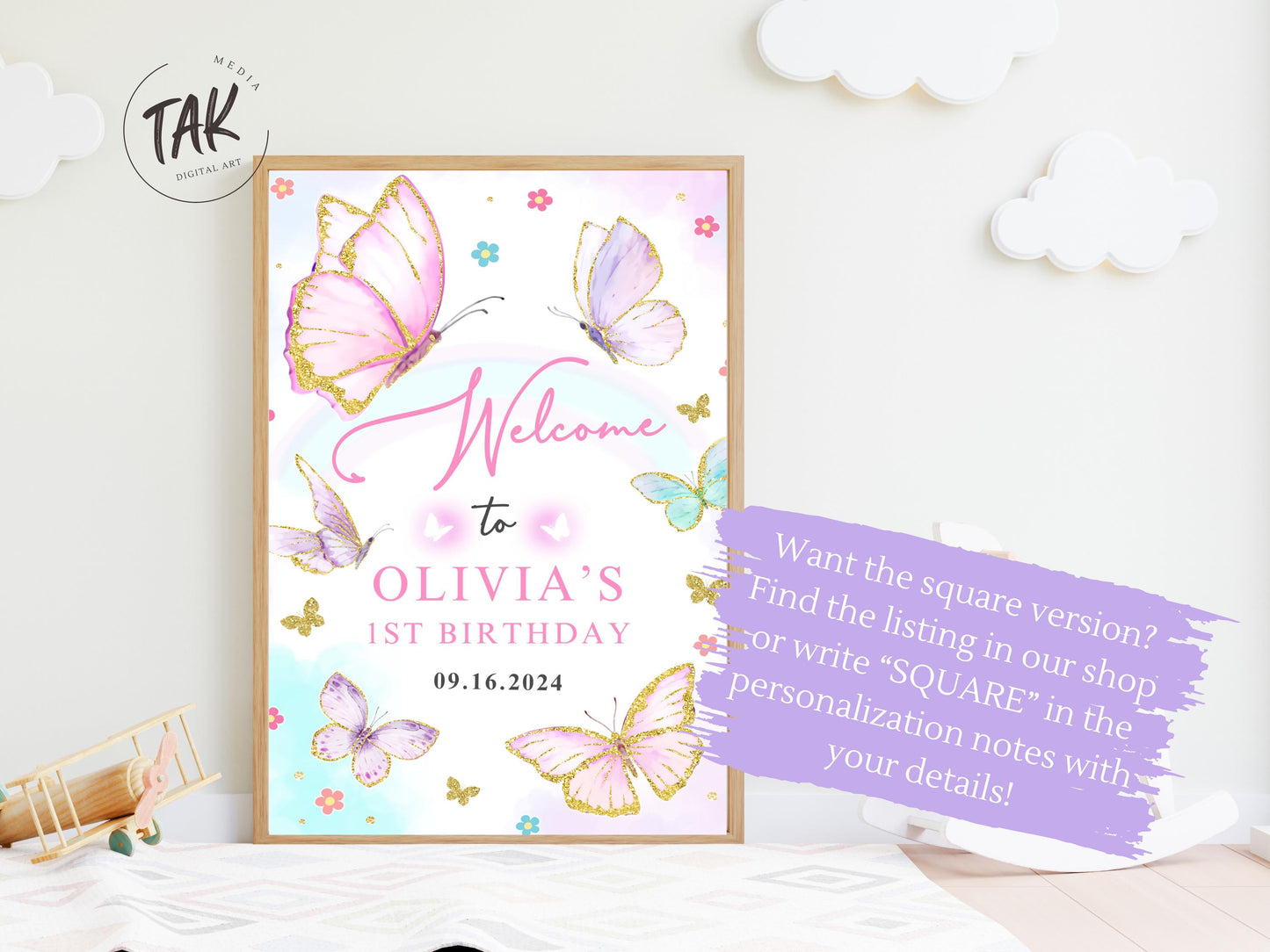 Printed Arch Butterfly 1st Birthday Welcome Sign Foam Board Party Decor, Pink Purple Gold Glitter, Girl First Birthday Poster, Custom Board