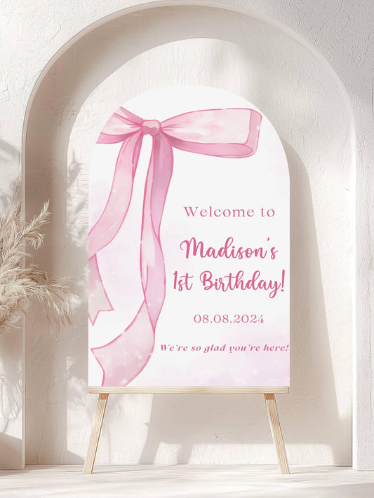 Printed Arch Pink Bow First Birthday Sign Foam Board, Elegant Girl Welcome Sign, Custom Blush Ribbon Party Decor, Printed Shipped Display