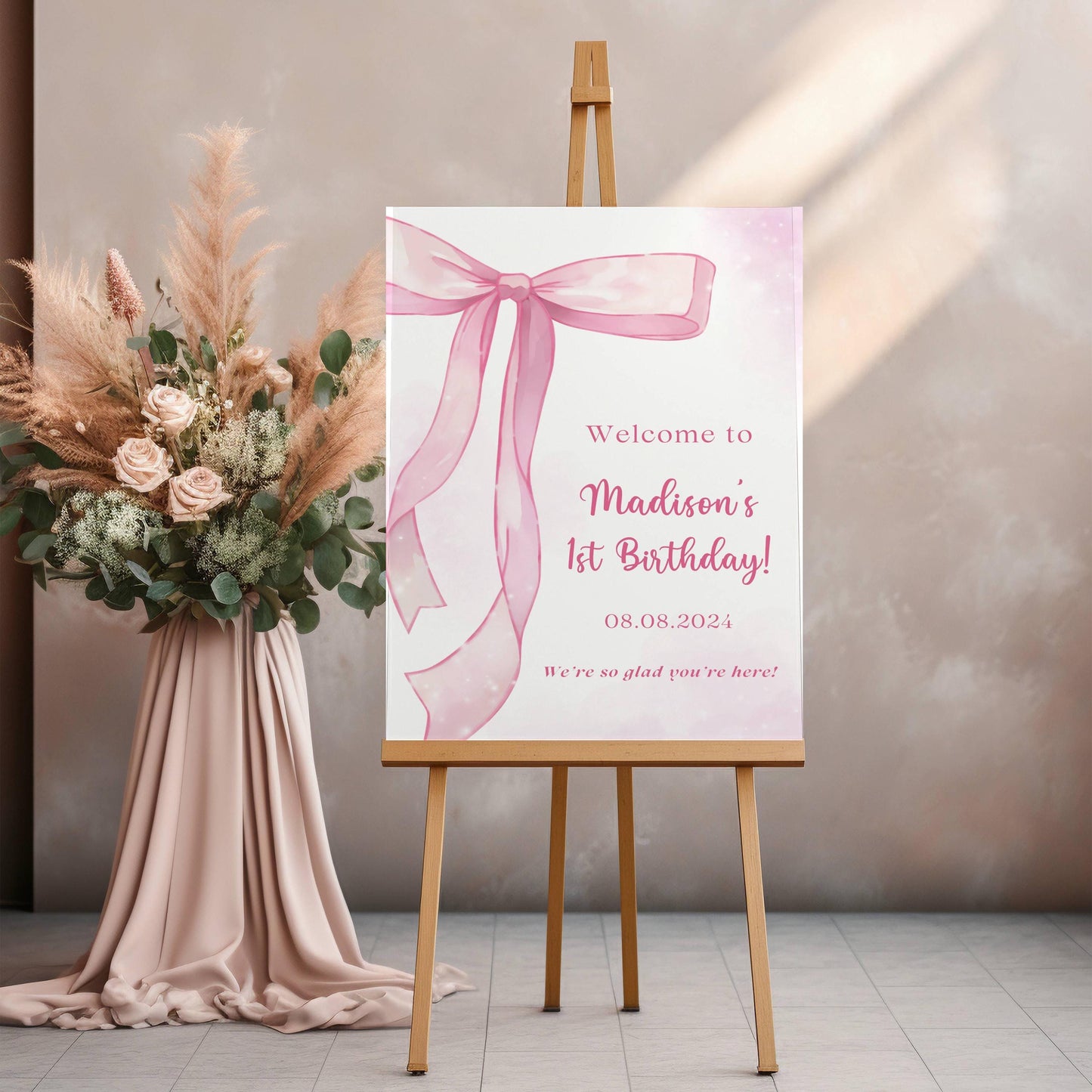 Printed Pink Bow First Birthday Sign Foam Board, Elegant Girl Welcome Poster, Custom Blush Ribbon Party Decor, Printable or Shipped Display
