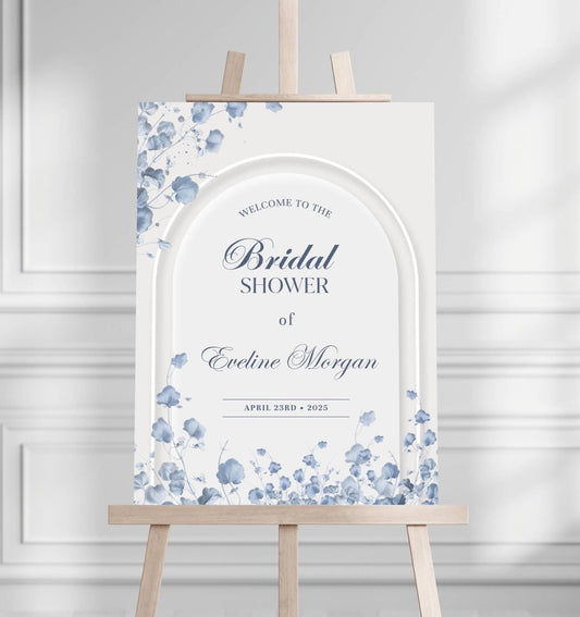 Printed Elegant Blue Floral Bridal Shower Sign, Custom Foam Board Welcome Poster, Personalized Bridal Decor, Foam Board Wedding Shower Sign