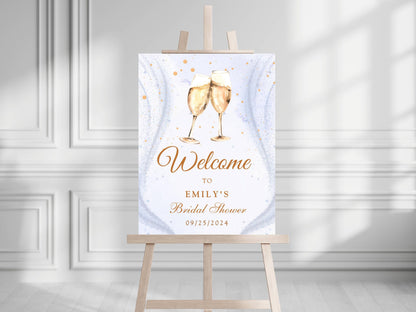 Printed Champagne Toast Bridal Shower Welcome Sign with Sparkle Background, Custom Name Foam Board, Personalized Elegant Gold Party Decor