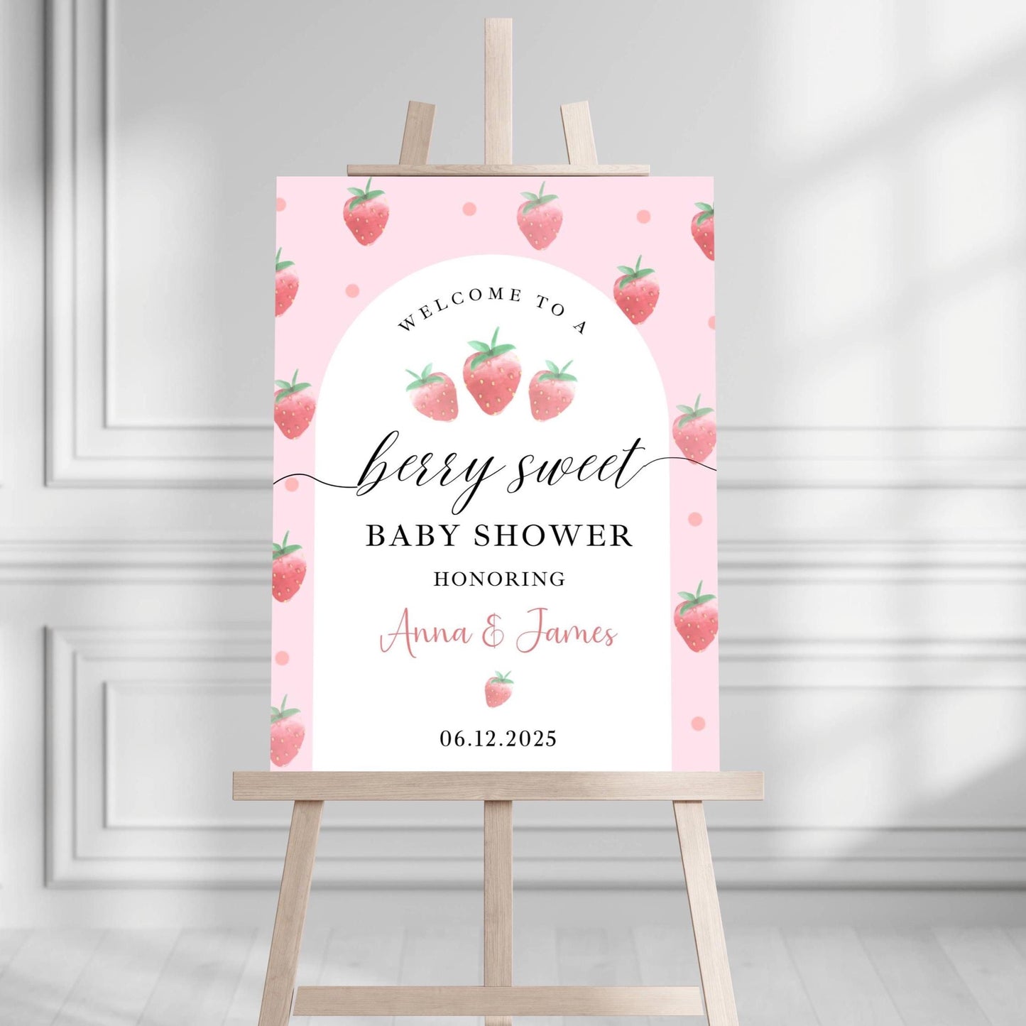 Printed Berry Sweet Baby Shower Welcome Sign with Strawberries, Custom Name Foam Board, Pink Summer Party Decor Sign, Berry Sweet Decor