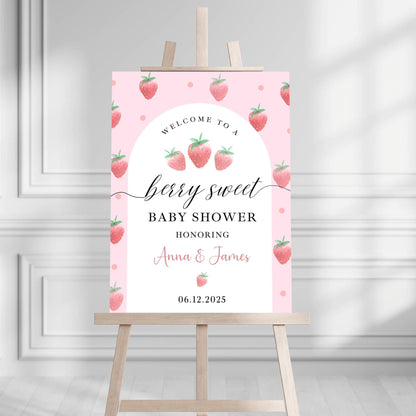 Printed Berry Sweet Baby Shower Welcome Sign with Strawberries, Custom Name Foam Board, Pink Summer Party Decor Sign, Berry Sweet Decor