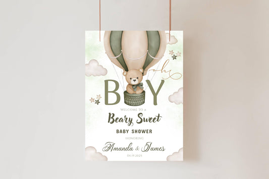 Printed Beary Sweet Baby Shower Welcome Sign for Boy, Teddy Bear Hot Air Balloon Sage Theme, Custom Foam Board, Personal Neutral Decor