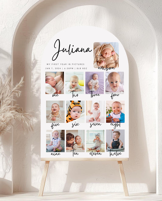Printed First Year Photo Collage Foam Board Sign, Custom Baby Milestone Birthday Sign, Monthly Baby Photos Display, Personalized Party Decor