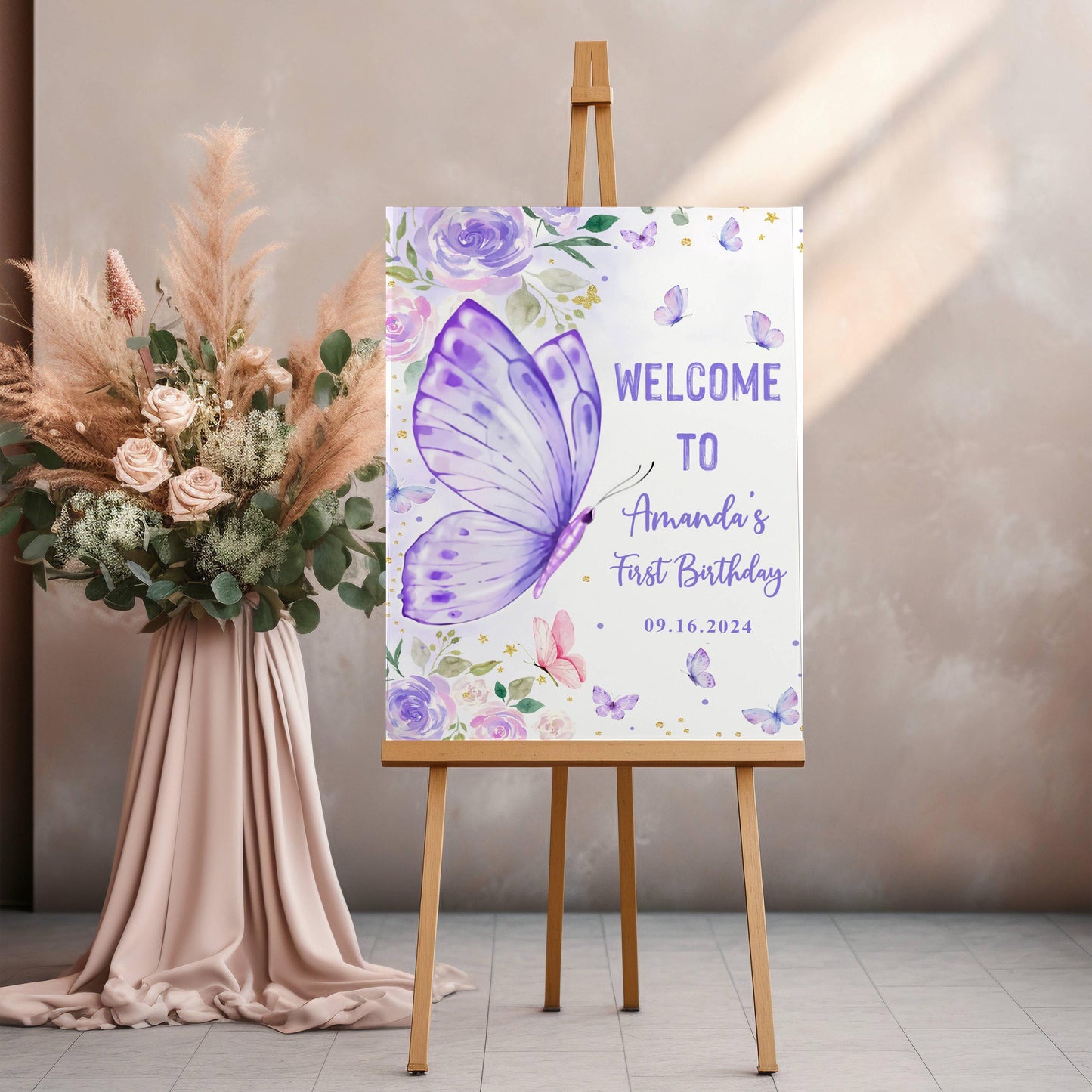 Printed Butterfly First Birthday Sign Foam Board, Purple Floral Welcome Poster, Custom Girl Party Decor, Whimsical Garden Theme Display