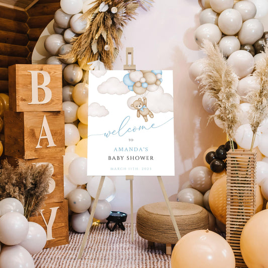 Printed We Can Bearly Wait Baby Boy Foam Welcome Sign, Baby Hot Air Balloon Bear, Printed Foam Board, Printable Giant Bear Welcome Sign, Boy