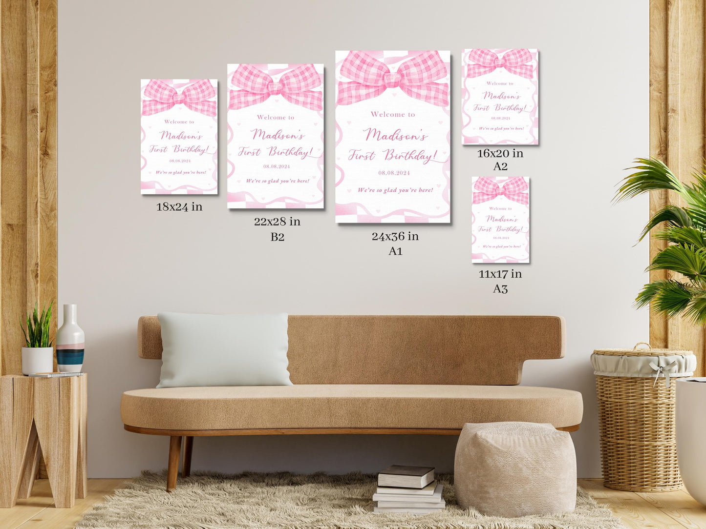 Printed Pink Ribbon 1st Birthday Foam Board Welcome Sign, Girl Party Foam Board, Floral Bow Theme, Personalized Name Poster Birthday Decor