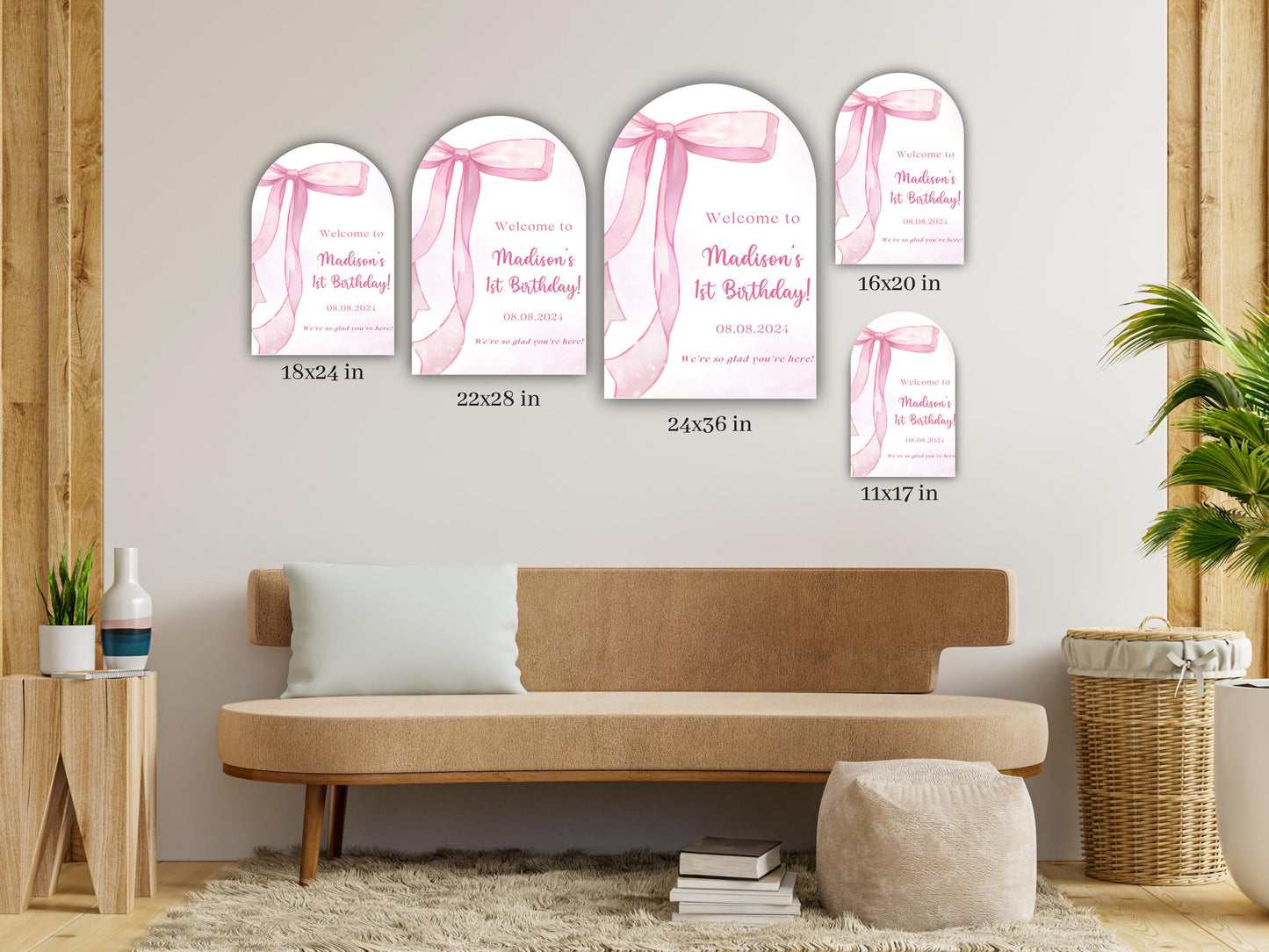 Printed Arch Pink Bow First Birthday Sign Foam Board, Elegant Girl Welcome Sign, Custom Blush Ribbon Party Decor, Printed Shipped Display