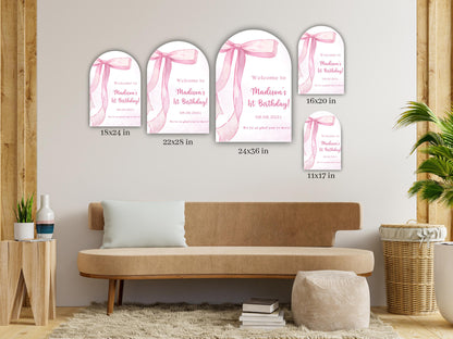 Printed Arch Pink Bow First Birthday Sign Foam Board, Elegant Girl Welcome Sign, Custom Blush Ribbon Party Decor, Printed Shipped Display