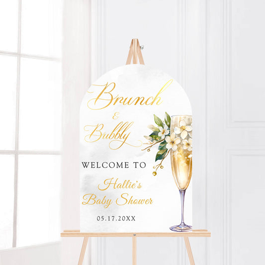 Printed Arch Brunch and Bubbly Baby Shower Welcome Sign with Champagne Glass & Florals, Custom Foam Board for Mom, Elegant Gold Decor Poster