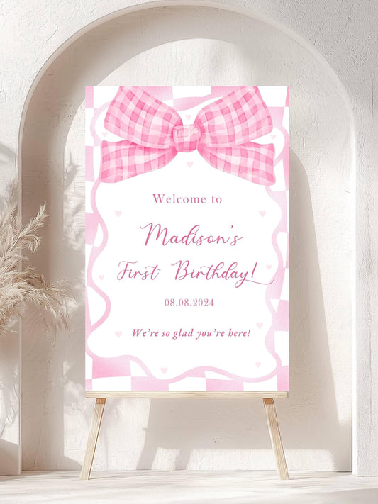 Printed Pink Ribbon 1st Birthday Foam Board Welcome Sign, Girl Party Foam Board, Floral Bow Theme, Personalized Name Poster Birthday Decor