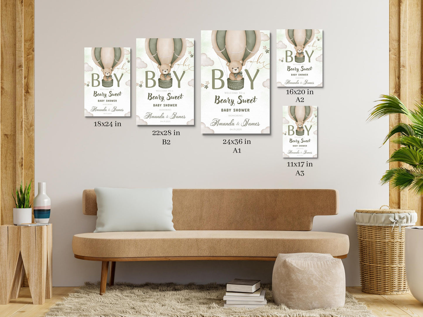 Printed Beary Sweet Baby Shower Welcome Sign for Boy, Teddy Bear Hot Air Balloon Sage Theme, Custom Foam Board, Personal Neutral Decor