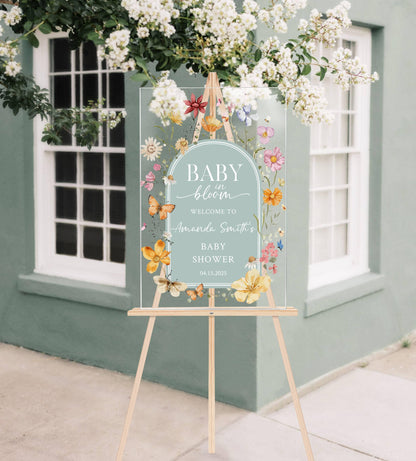 Baby in Bloom Acrylic Baby Shower Sign – Personalized Floral Welcome Sign for Spring Baby Shower, Custom Event Decor