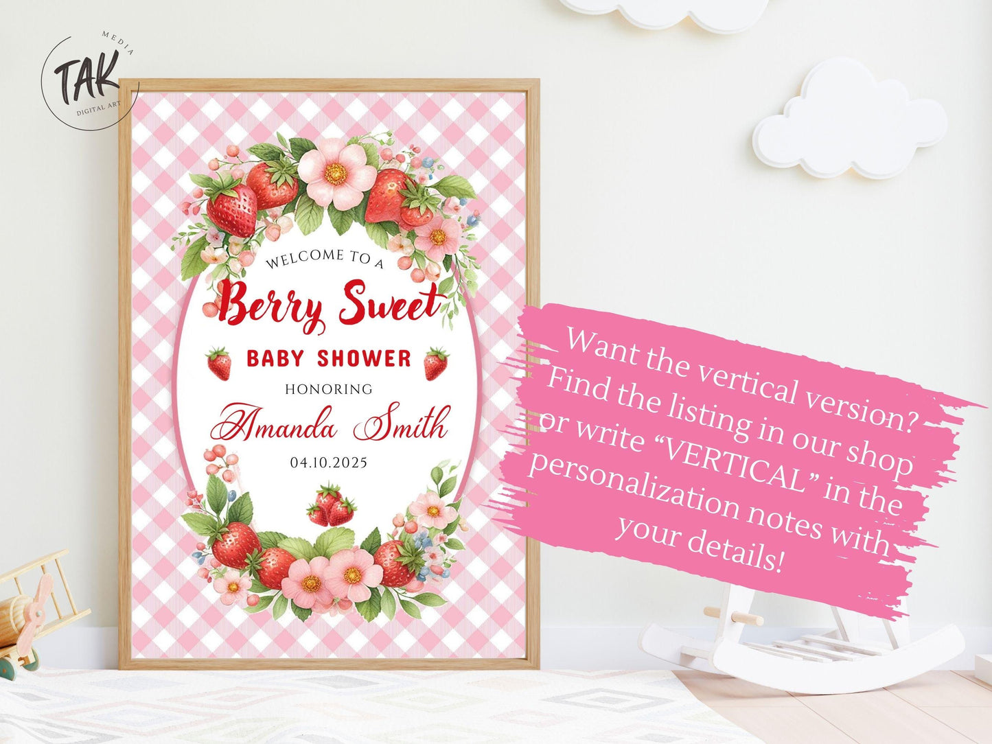 Printed Arch Berry Sweet Baby Shower Foam Board Sign – Strawberry Theme Welcome, Personalized Baby Shower Decor, Girl Baby Shower Decoration