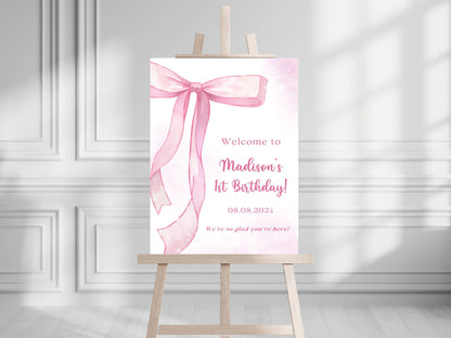 Printed Pink Bow First Birthday Sign Foam Board, Elegant Girl Welcome Poster, Custom Blush Ribbon Party Decor, Printable or Shipped Display