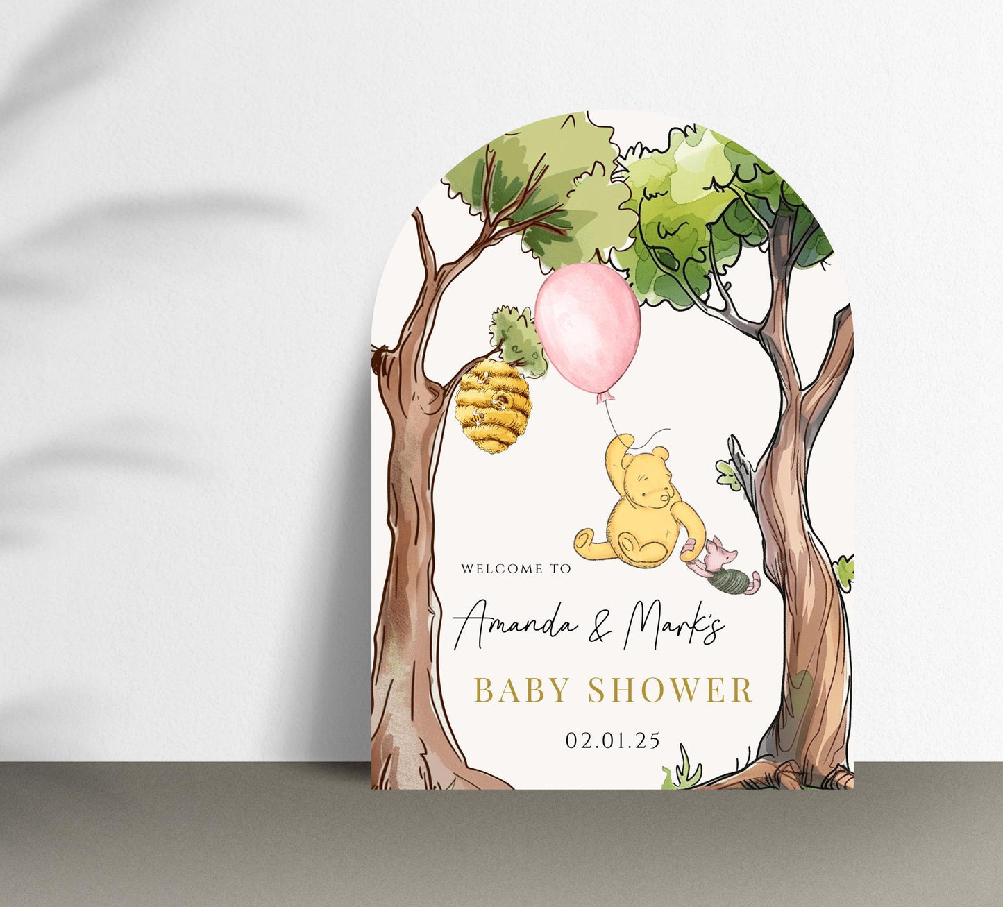 Printed Arch Winnie The Pooh Baby Shower Welcome Sign, Pooh Baby Shower Welcome, Printed Baby Girl Winnie The Pooh Foam Board Welcome Sign