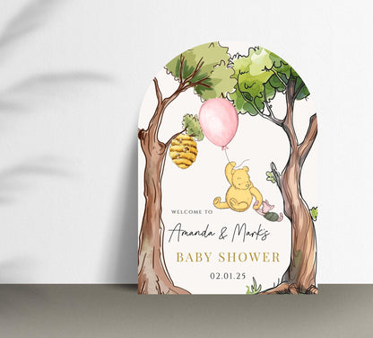 Printed Arch Winnie The Pooh Baby Shower Welcome Sign, Pooh Baby Shower Welcome, Printed Baby Girl Winnie The Pooh Foam Board Welcome Sign