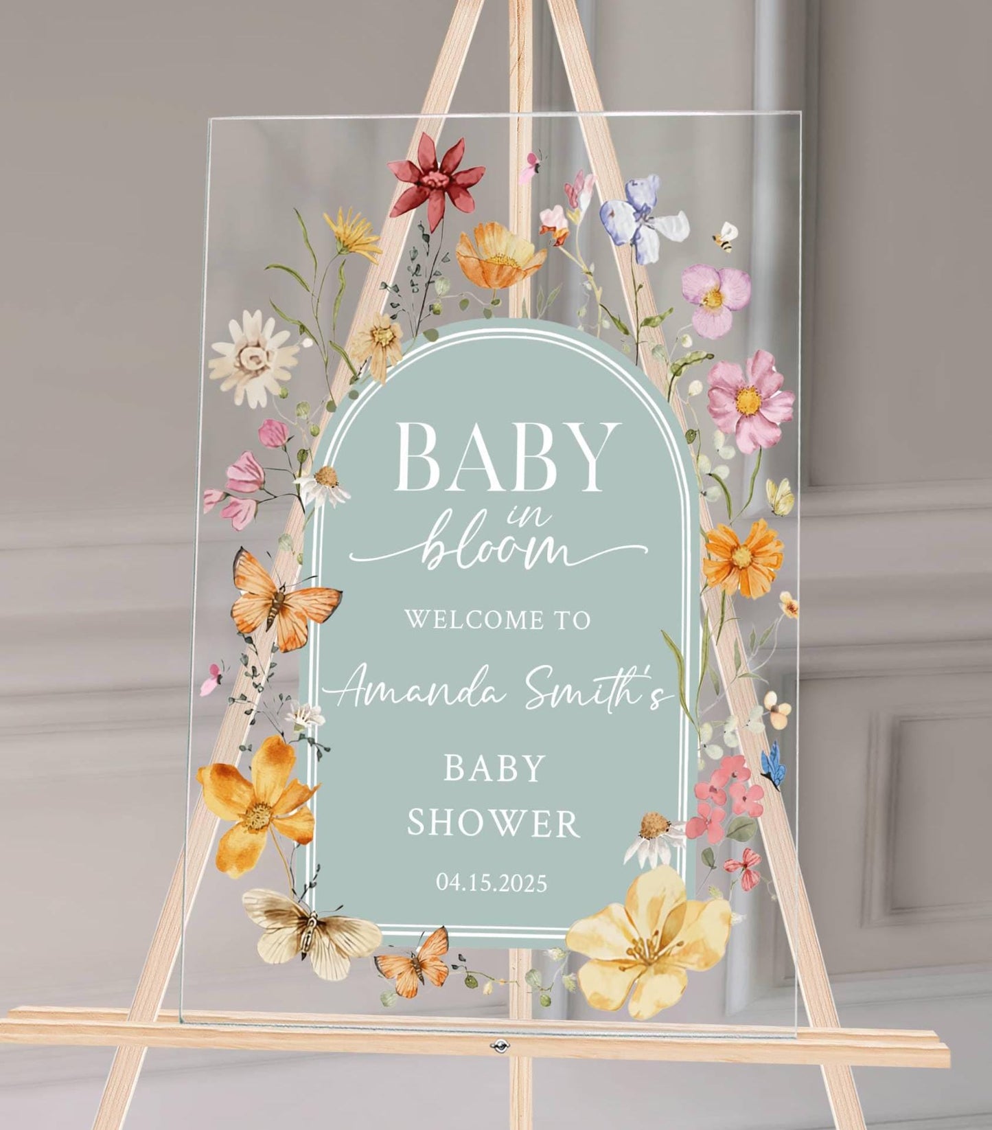 Baby in Bloom Acrylic Baby Shower Sign – Personalized Floral Welcome Sign for Spring Baby Shower, Custom Event DecorS