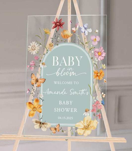 Baby in Bloom Acrylic Baby Shower Sign – Personalized Floral Welcome Sign for Spring Baby Shower, Custom Event DecorS