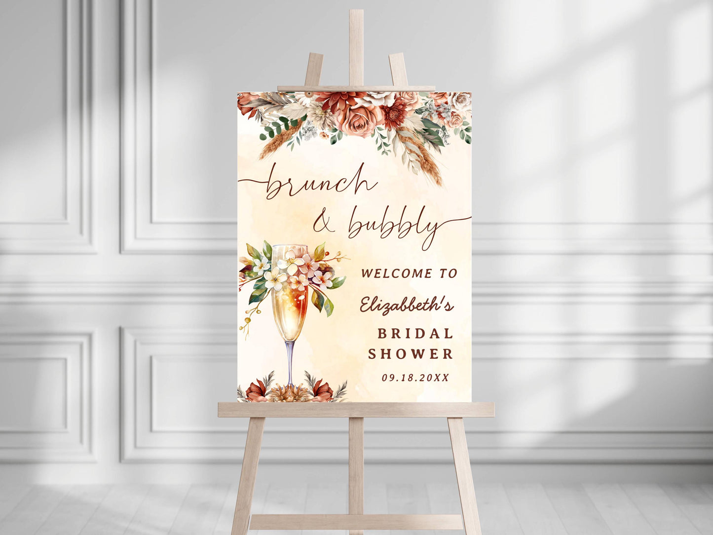 Printed Brunch and Bubbly Bridal Shower Welcome Sign with Fall Florals, Custom Name Champagne Poster, Personalized Foam Board Bridal Decor