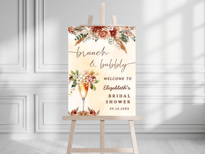 Printed Brunch and Bubbly Bridal Shower Welcome Sign with Fall Florals, Custom Name Champagne Poster, Personalized Foam Board Bridal Decor