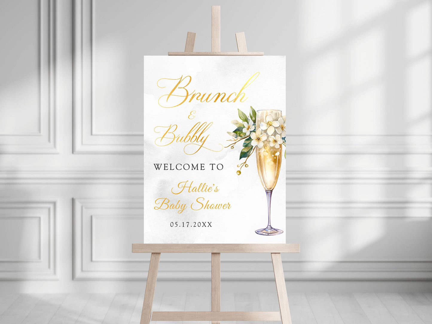 Printed Brunch and Bubbly Baby Shower Welcome Sign with Champagne Glass & Florals, Custom Foam Board for Mom, Elegant Gold Decor Poster