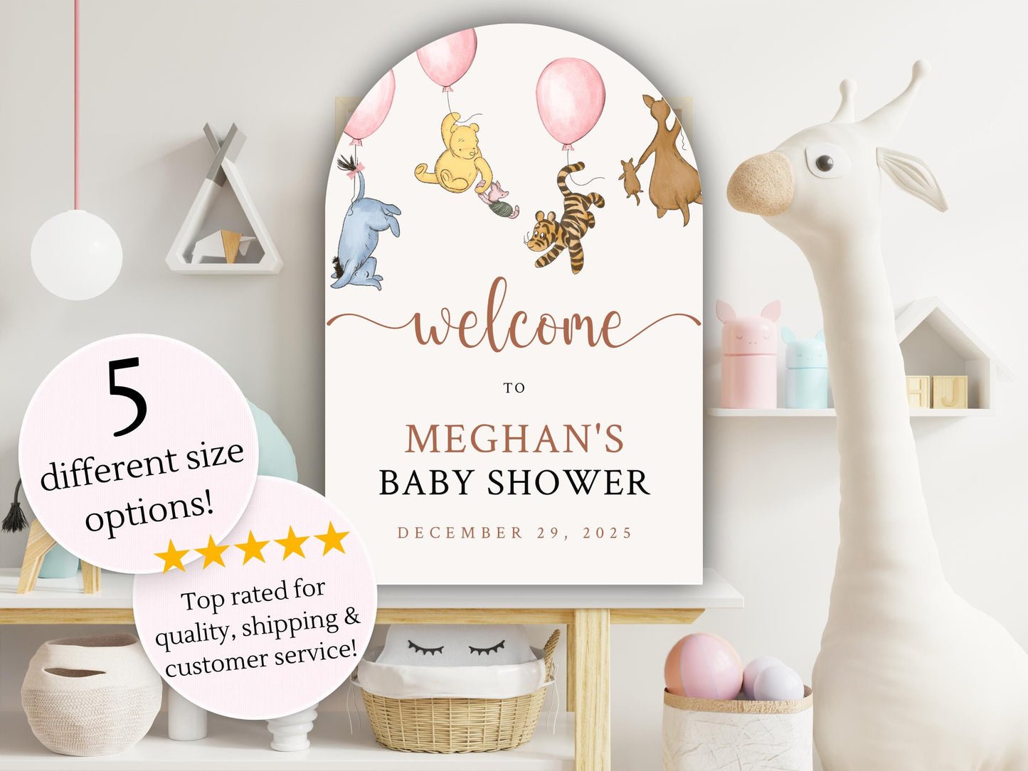 Printed Arch Winnie The Pooh Baby Shower Welcome Sign, Pooh Baby Shower Welcome, Printed Baby Girl Winnie The Pooh Foam Board Welcome Sign