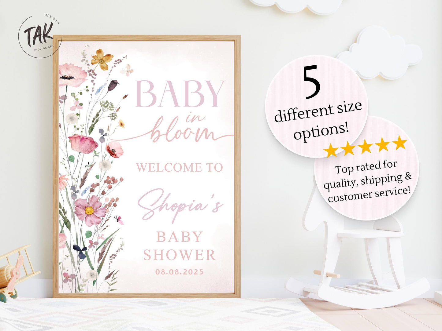 Printed Baby in Bloom Baby Shower Welcome Sign, Baby Floral Shower Welcome, Custom Printed Gender Neutral Custom Foam Board Party Welcome