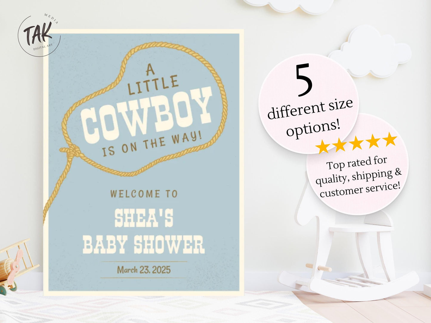 Printed Cowboy Baby Shower Welcome Sign, Western Baby Shower Welcome, Printed Baby Boy Western Cowboy Foam Board Welcome Sign, Baby Shower