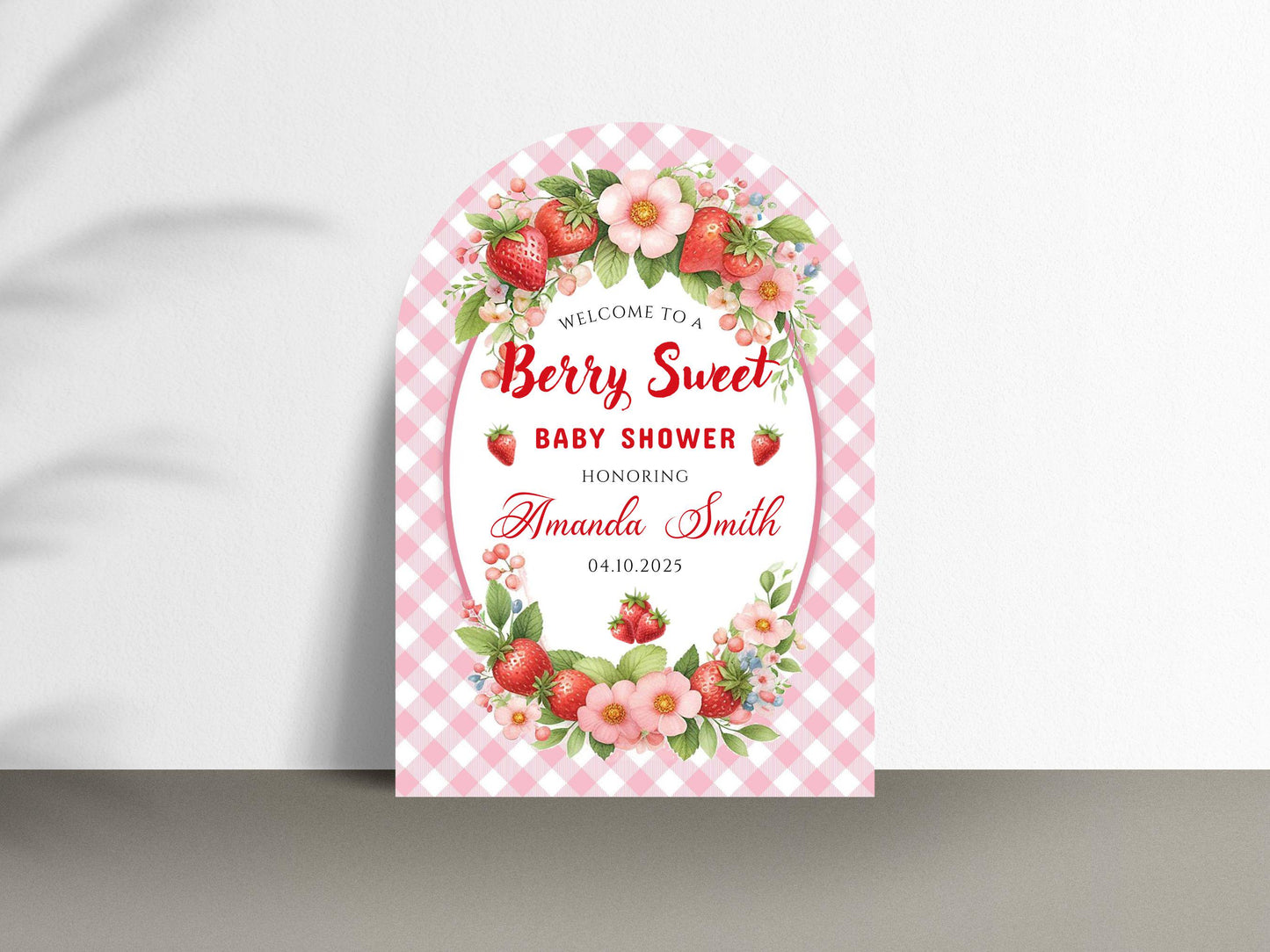 Printed Arch Berry Sweet Baby Shower Foam Board Sign – Strawberry Theme Welcome, Personalized Baby Shower Decor, Girl Baby Shower Decoration