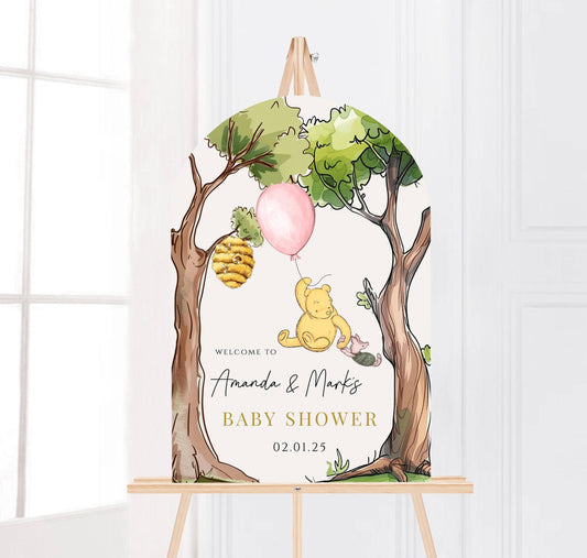 Printed Arch Winnie The Pooh Baby Shower Welcome Sign, Pooh Baby Shower Welcome, Printed Baby Girl Winnie The Pooh Foam Board Welcome Sign