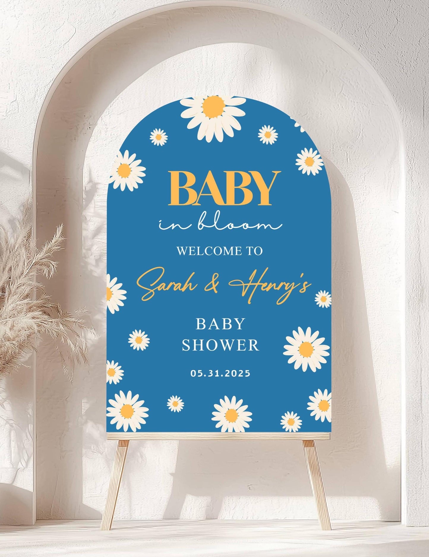 Printed Arch Baby in Bloom Baby Shower Welcome Sign, Blue Floral Shower Welcome, Custom Printed Boy Custom Daisy Foam Board Party Welcome