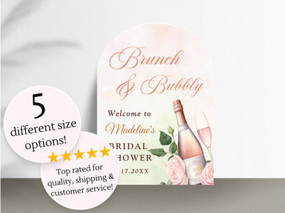 Printed Arch Brunch and Bubbly Bridal Shower Welcome Sign with Rose Champagne, Custom Foam Board, Elegant Pink Green Bridal Brunch Decor