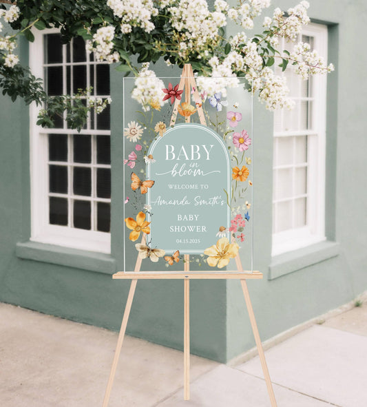 Baby in Bloom Acrylic Baby Shower Sign – Personalized Floral Welcome Sign for Baby Shower