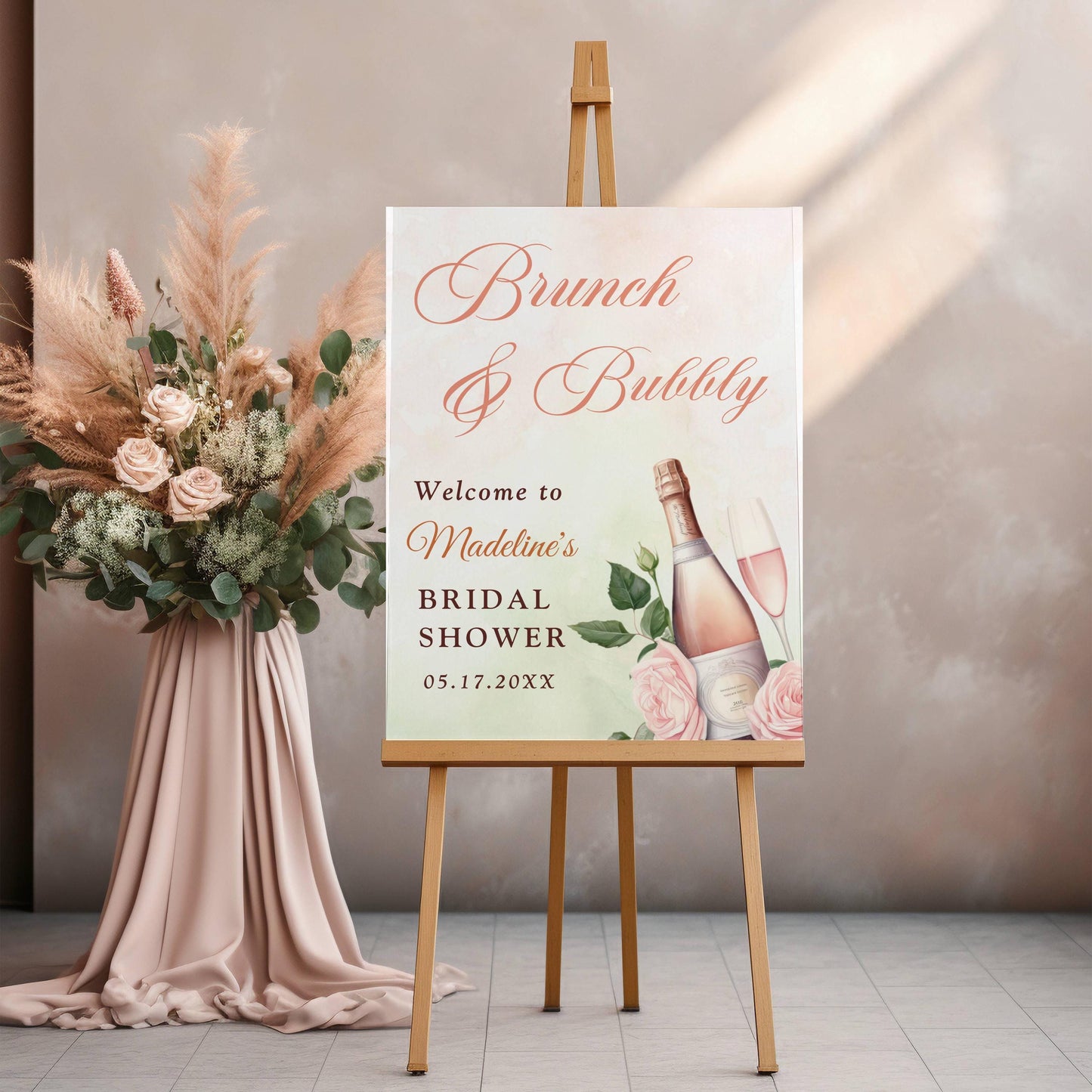 Printed Brunch and Bubbly Bridal Shower Welcome Sign with Rose Champagne, Custom Foam Board, Elegant Pink Green Bridal Brunch Decor Poster