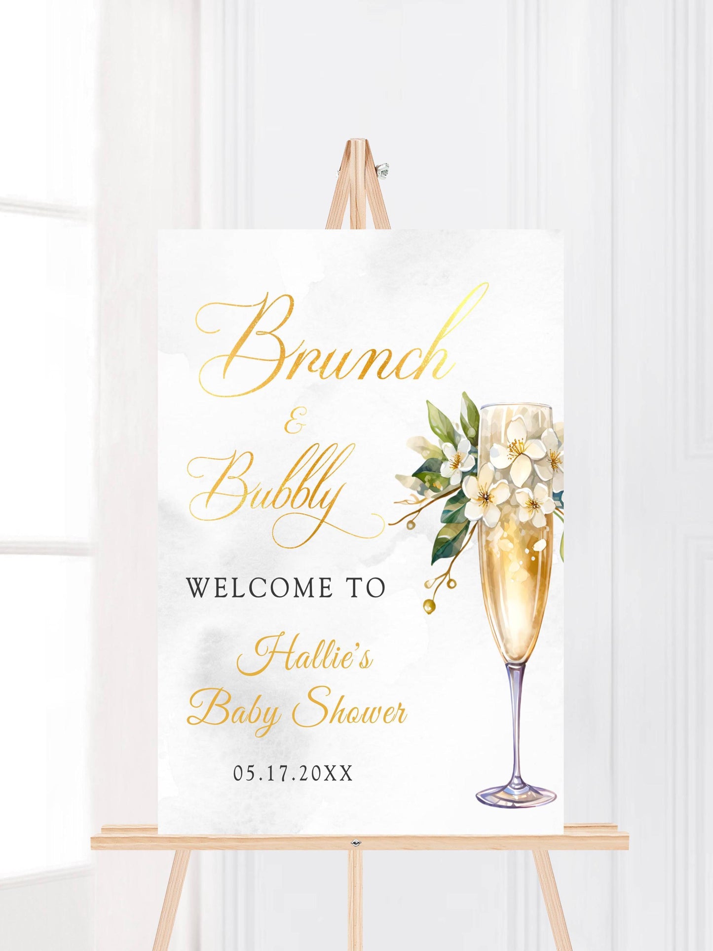 Printed Brunch and Bubbly Baby Shower Welcome Sign with Champagne Glass & Florals, Custom Foam Board for Mom, Elegant Gold Decor Poster