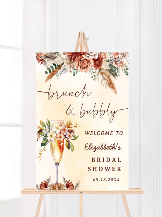 Printed Brunch and Bubbly Bridal Shower Welcome Sign with Fall Florals, Custom Name Champagne Poster, Personalized Foam Board Bridal Decor