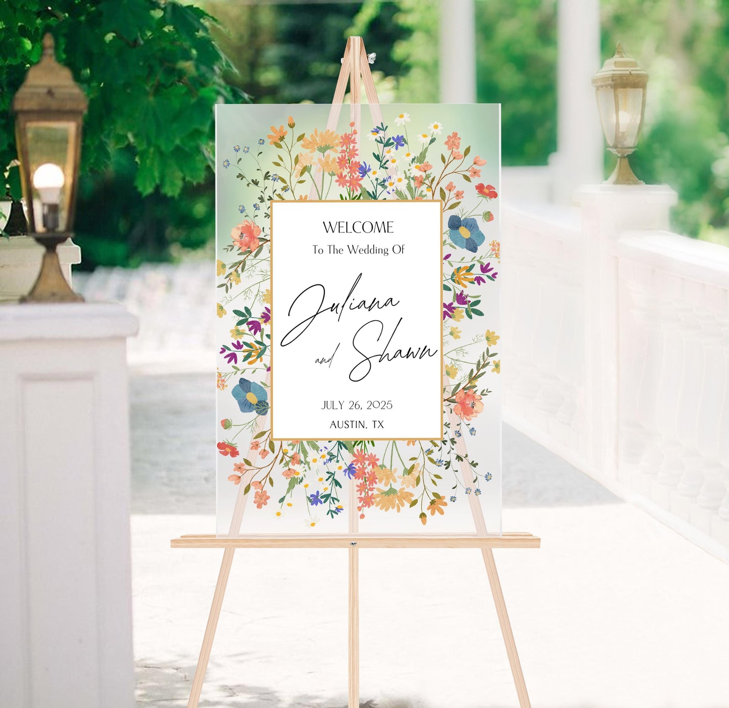 Floral Wedding Welcome Sign – Custom Acrylic or Foam Board Sign, Personalized Elegant Wedding Decor, Modern Ceremony Sign, Name & Date