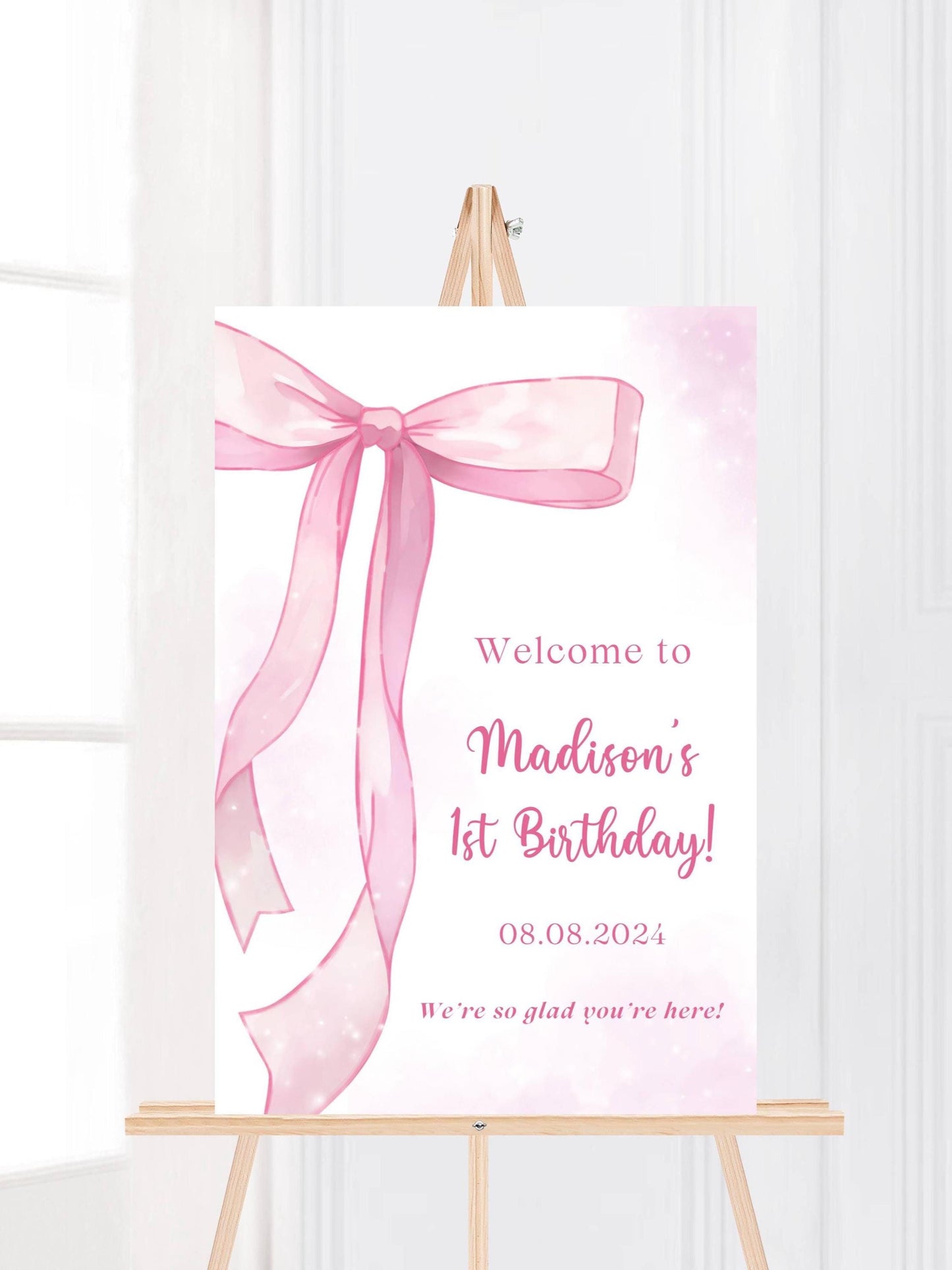 Printed Pink Bow First Birthday Sign Foam Board, Elegant Girl Welcome Poster, Custom Blush Ribbon Party Decor, Printable or Shipped Display