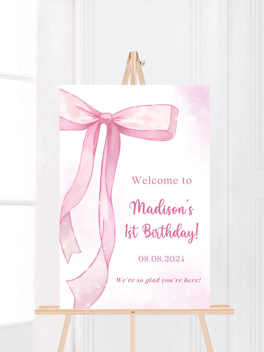 Printed Pink Bow First Birthday Sign Foam Board, Elegant Girl Welcome Poster, Custom Blush Ribbon Party Decor, Printable or Shipped Display